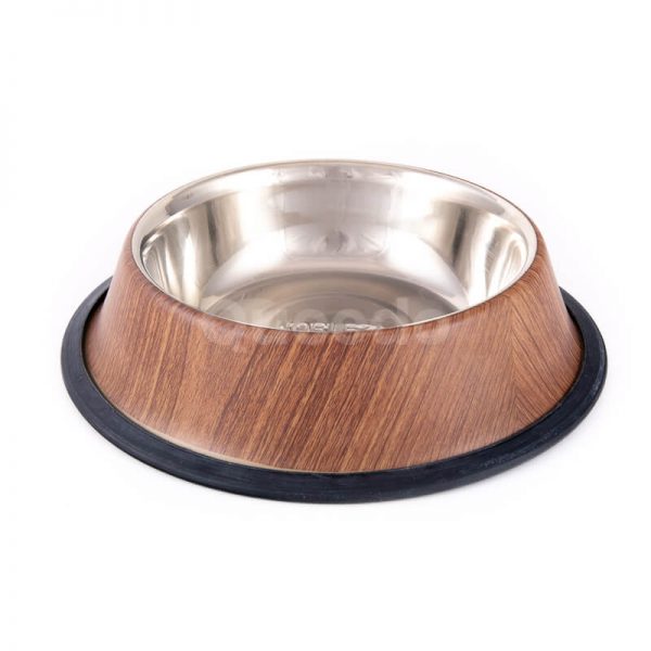 Elegantná a kvalitná nerezová miska pre psa imitácia dreva hnedá