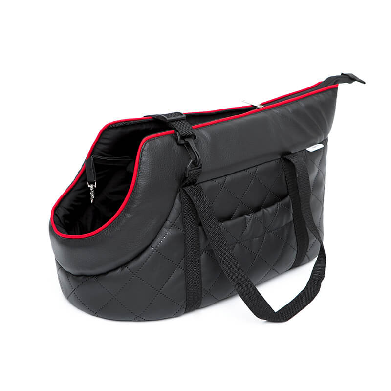 Kožená cestovná taška pre mačku čierna červené lemo 1