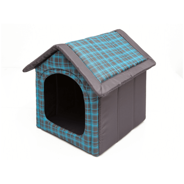 Látkový domček pre psa grafitový modré mriežky 1