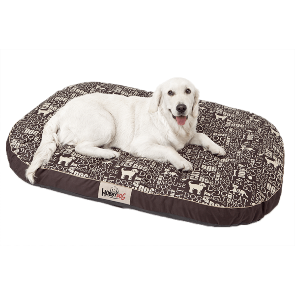 Oválny hnedý matrac pre psa nápisy 1