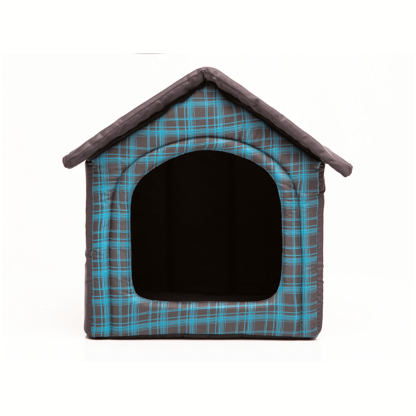 Textilný domček pre psa grafitový modré mriežky 1
